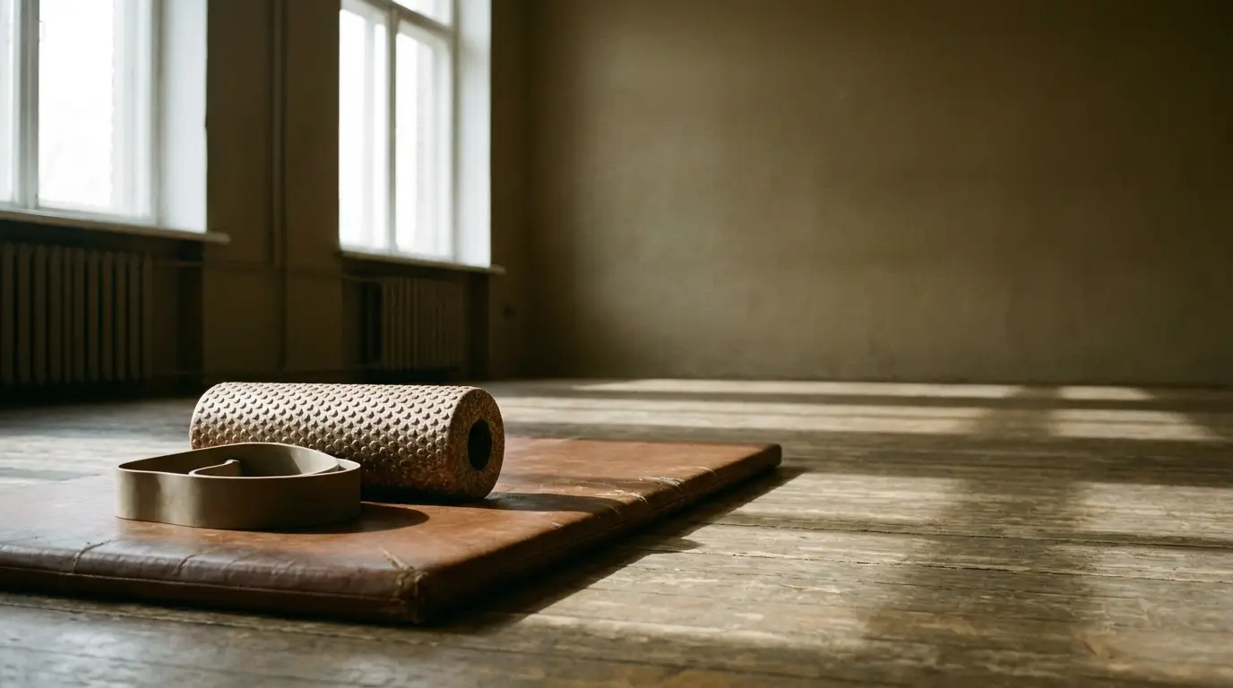 Foam roller and exercise mat on wooden floor in spacious room with natural light