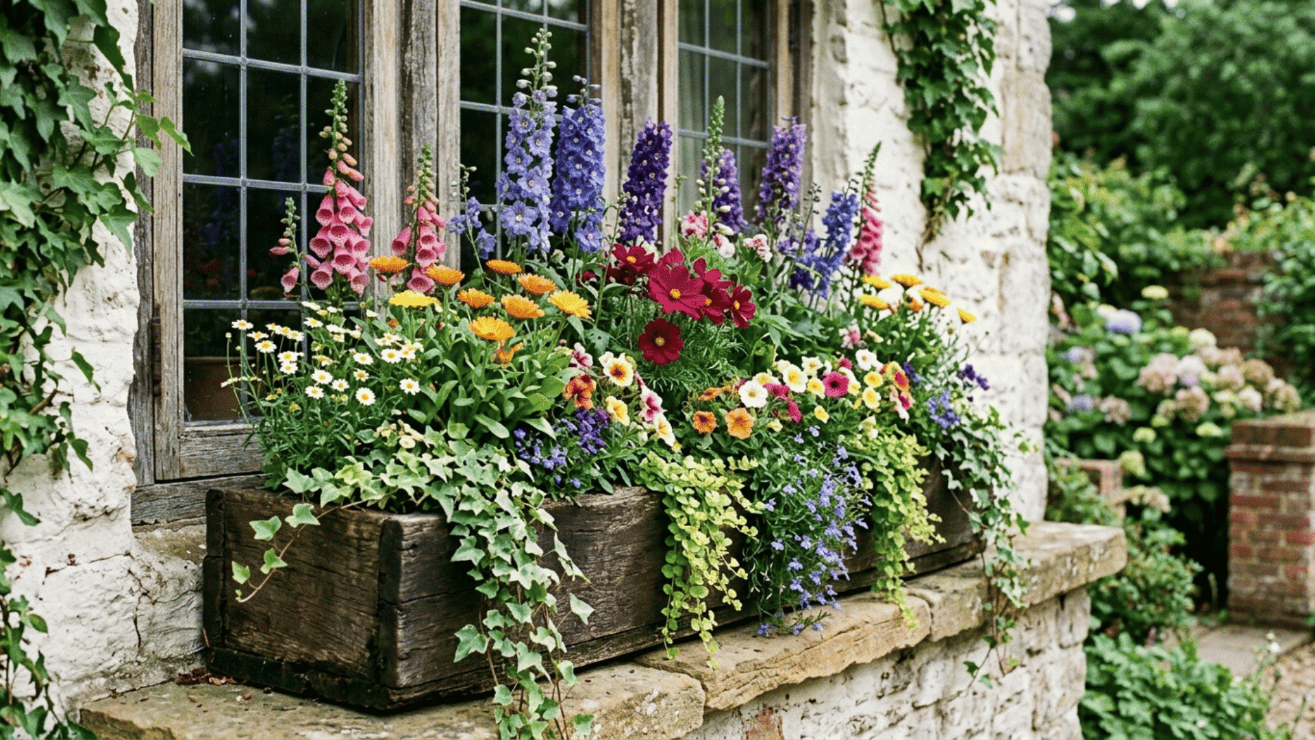 Cottage-style wooden flower box on a stone windowsill, filled with pink, purple, red, yellow, and white flowers and trailing greenery.