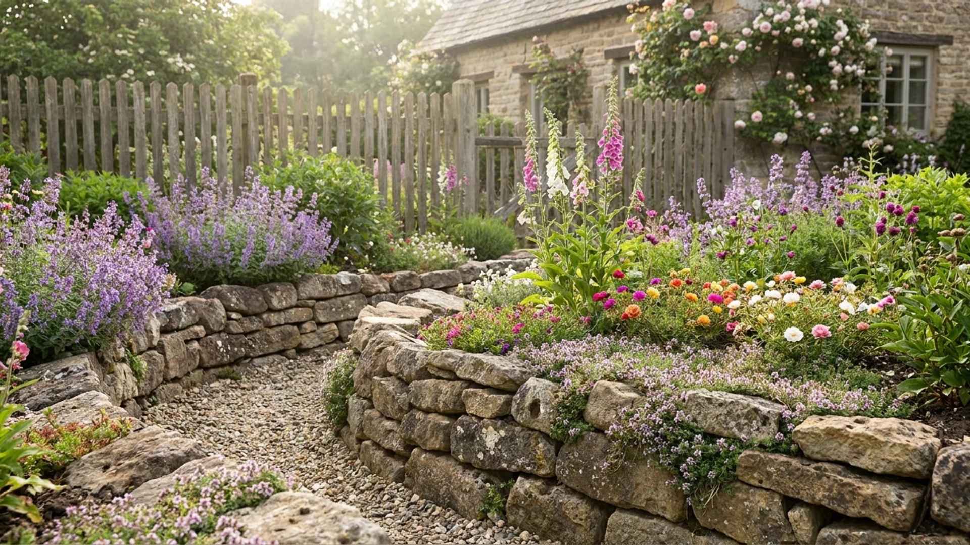Cottage-style rock border garden with colorful flowers, stone edging, and rustic fencing.