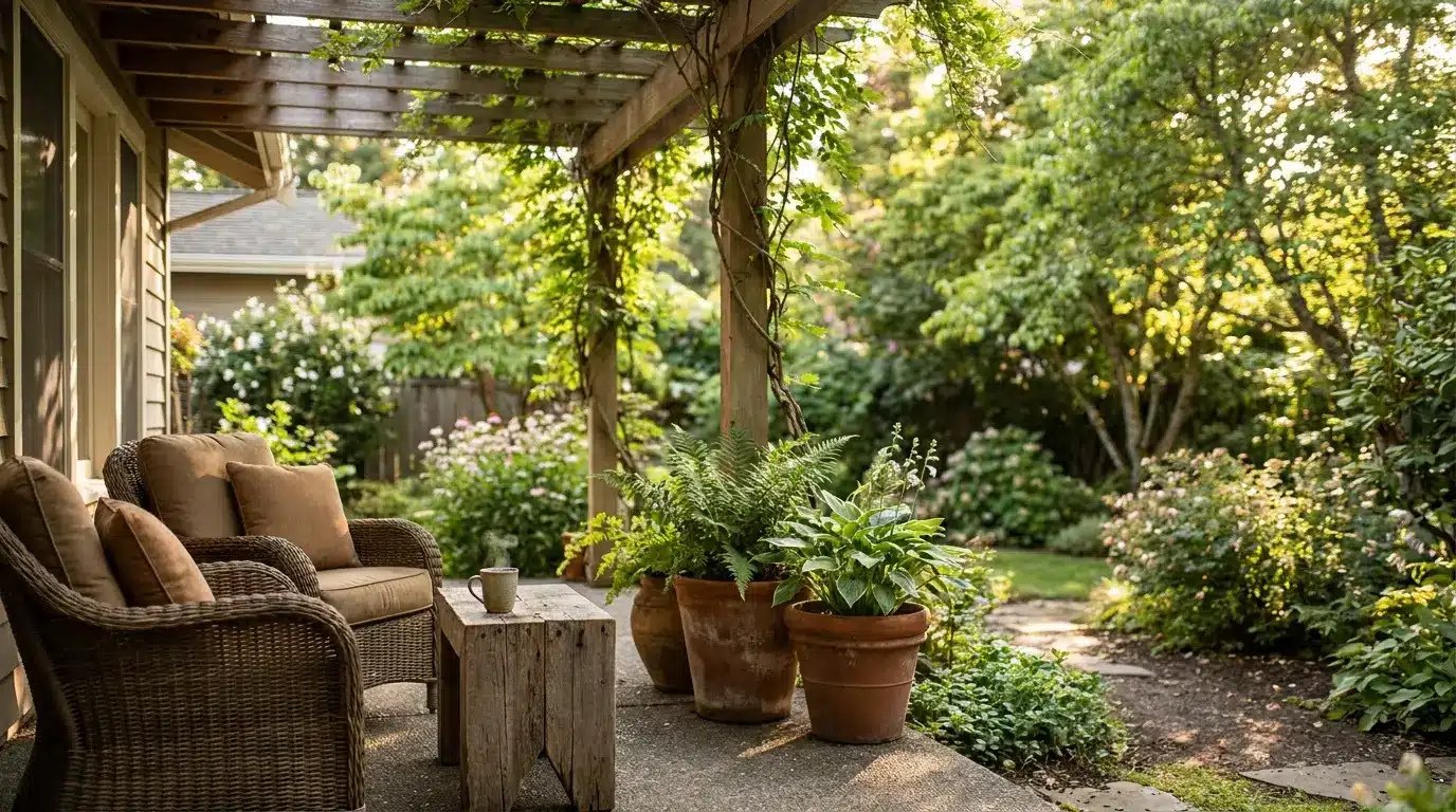 Cozy patio with wicker chairs and potted plants under wooden pergola in lush garden setting