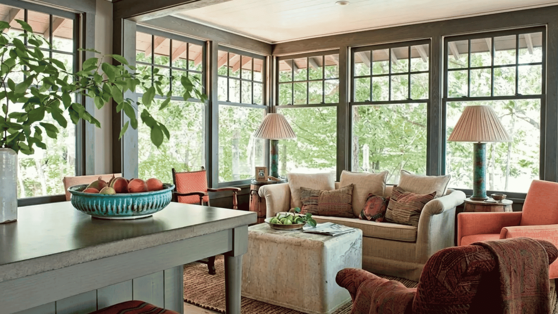 Cozy cottage-style keeping room with large windows, soft seating, warm table lamps, and a relaxed lounge area connected to the kitchen.