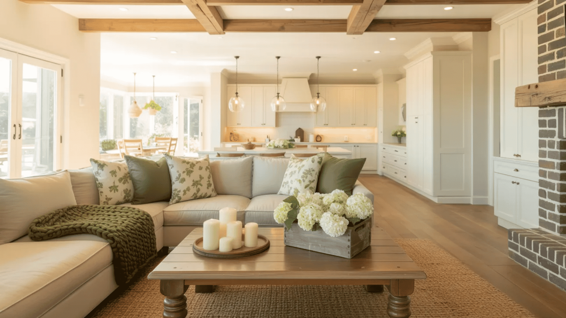Cozy farmhouse-style keeping room with a soft sectional, exposed wood beams, and an open kitchen layout filled with warm natural light.