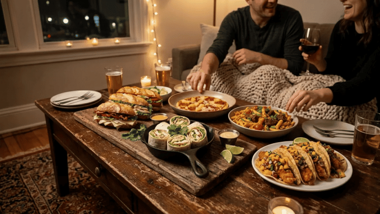 Cozy Friday night dinner spread with tacos, wraps, sandwiches, pasta, and pizza shared around a warm table with friends.