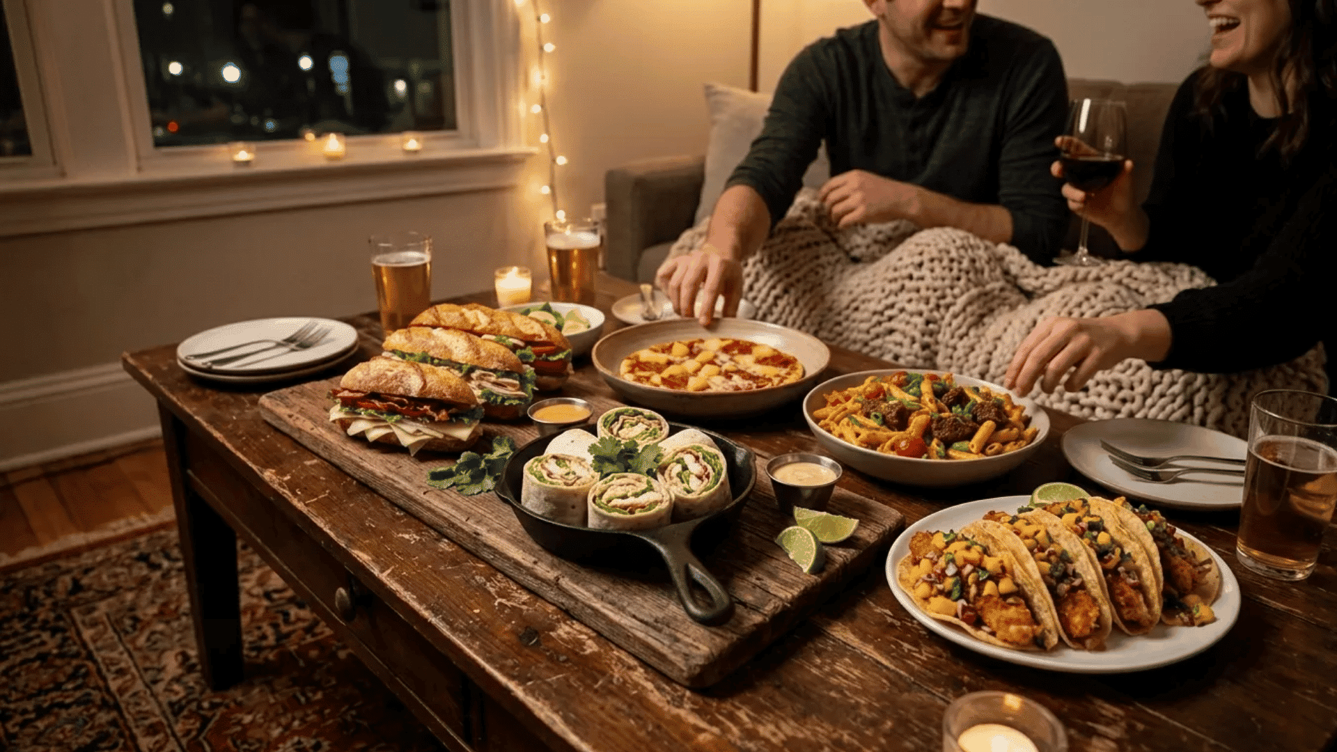 Cozy Friday night dinner spread with tacos, wraps, sandwiches, pasta, and pizza shared around a warm table with friends.