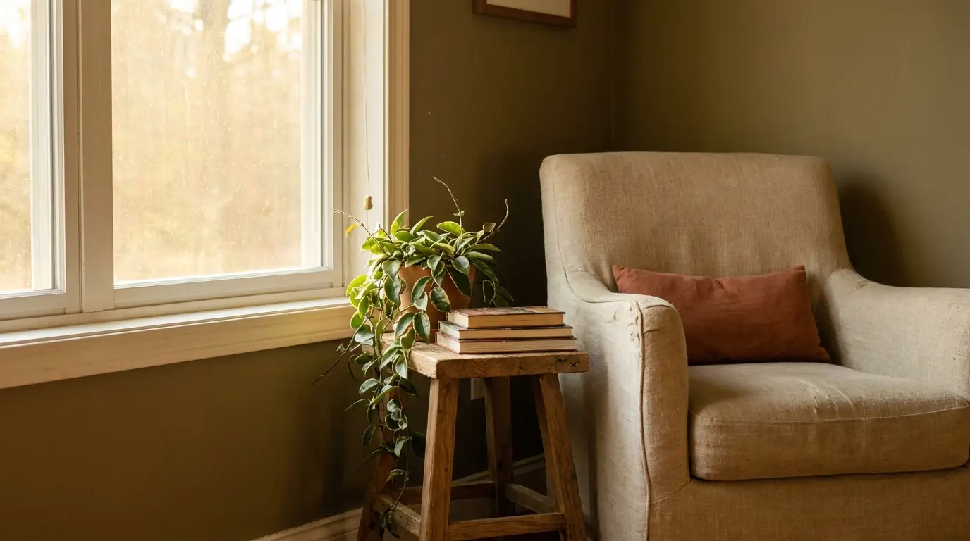 Beige armchair with rust pillow beside a window and plant in cozy living room