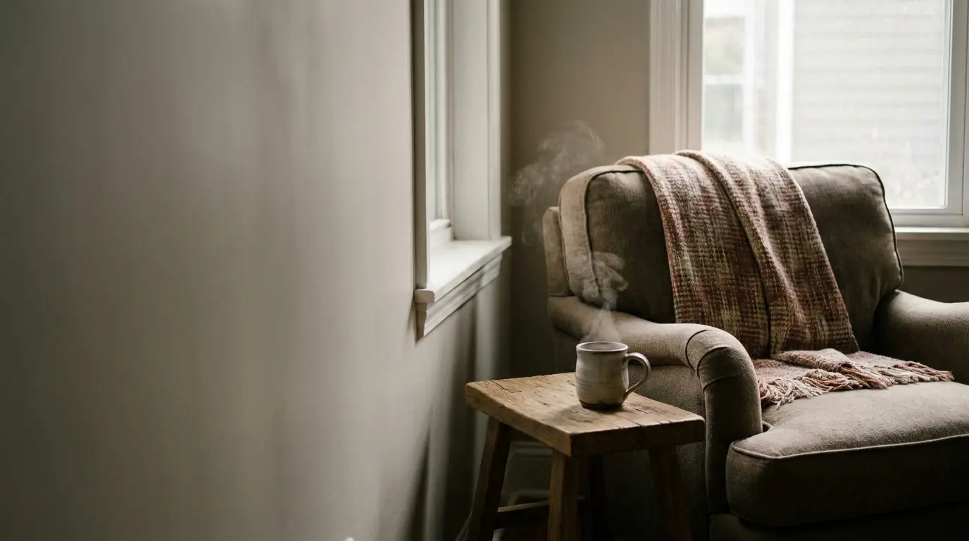 Cozy armchair with plaid blanket next to steaming mug on wooden side table in warm-lit room