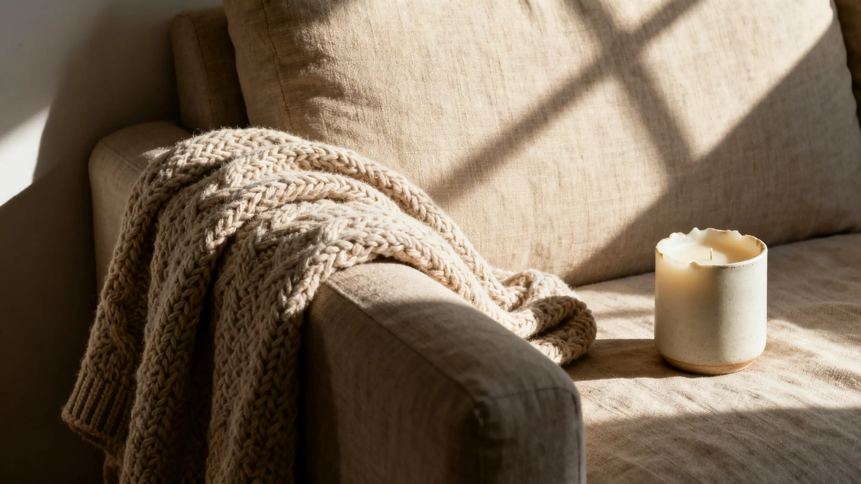 Cozy beige sofa with knit blanket and lit candle in warm natural light