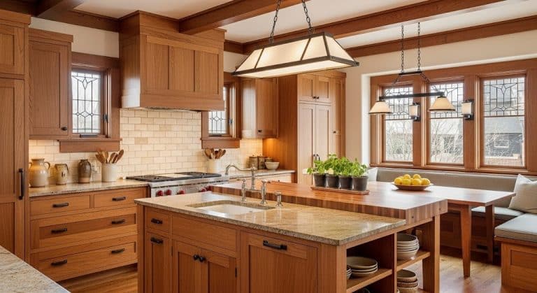 Classic craftsman-style kitchen with warm wood cabinetry, a large central island, and exposed ceiling beams.