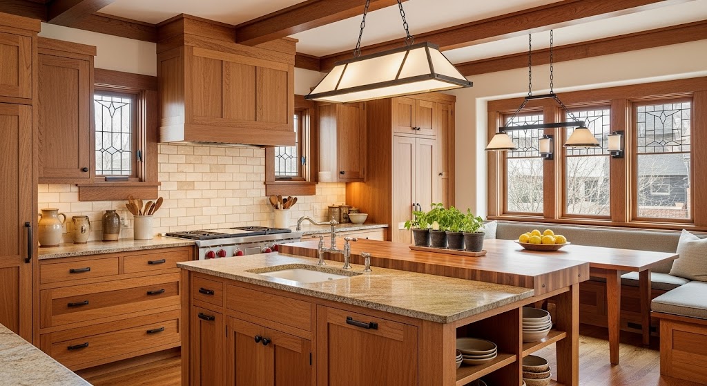 Classic craftsman-style kitchen with warm wood cabinetry, a large central island, and exposed ceiling beams.