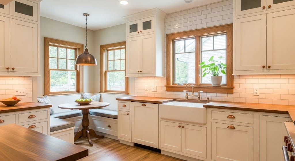 Craftsman kitchen with cream-colored painted cabinets, wood countertops, and a cozy built-in breakfast nook.
