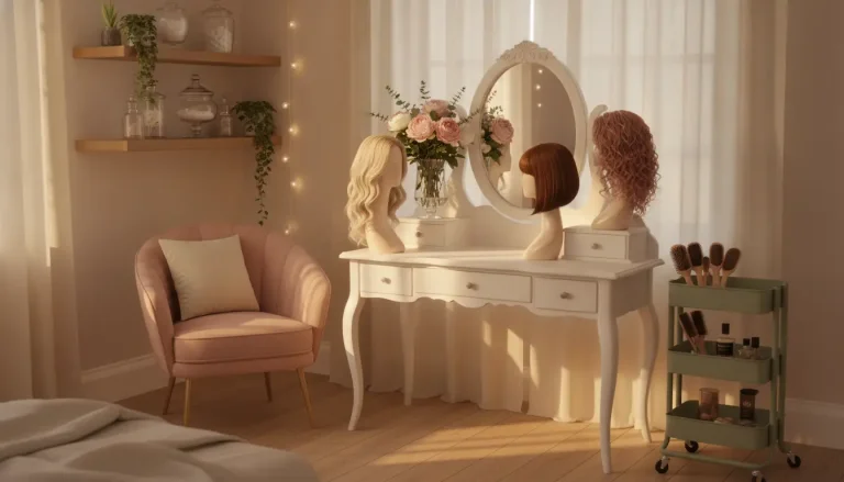 Vanity table with wigs and flowers in cozy sunlit bedroom setting