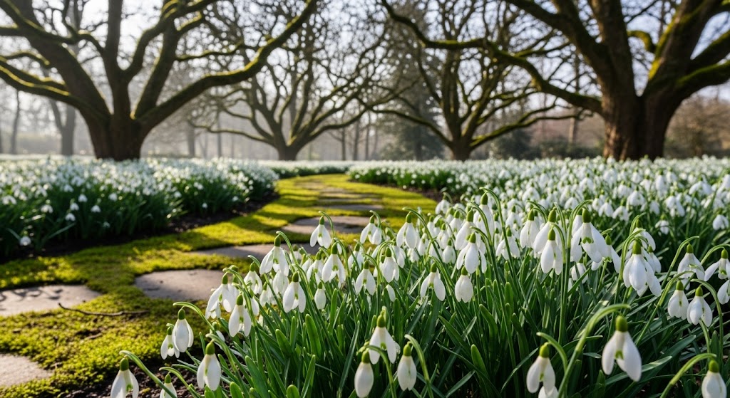 A vast carpet of white snowdrop flowers blooming in a grassy lawn under large, bare trees in early spring.