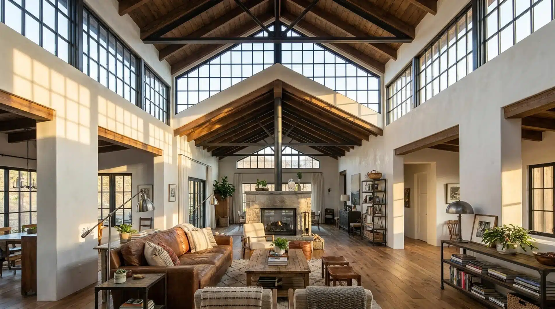 Living room with geometric clerestory windows and dramatic gable-end natural light design.