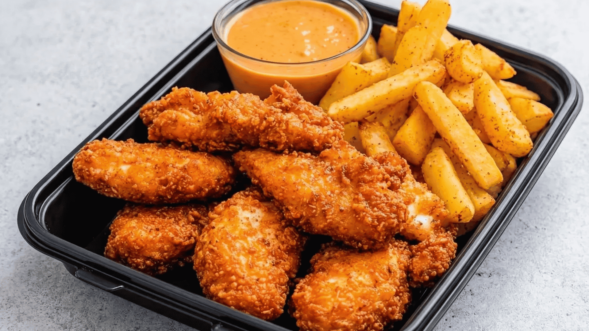 Crispy chicken tenders with seasoned fries and creamy dipping sauce for an easy takeout-style dinner.