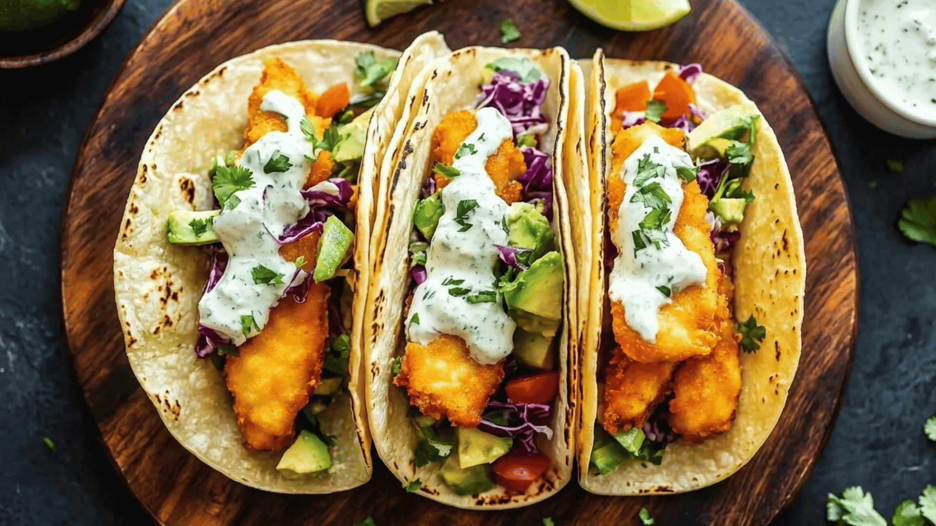 Crispy fish tacos topped with avocado, cabbage, fresh herbs, and creamy sauce in warm tortillas.