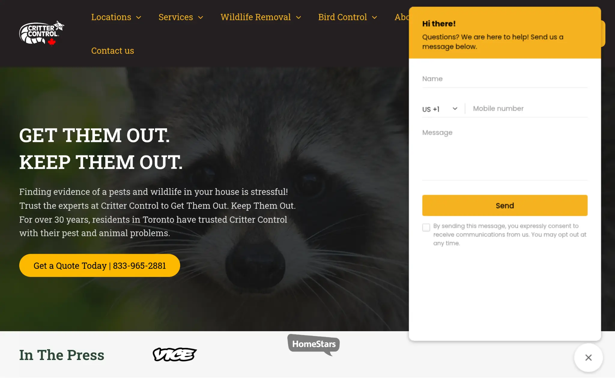 Close-up of a raccoon's face with bold text and contact form overlay