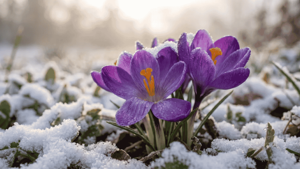 A vibrant purple crocus flower with bright orange stamens pushing through a thin layer of melting snow.