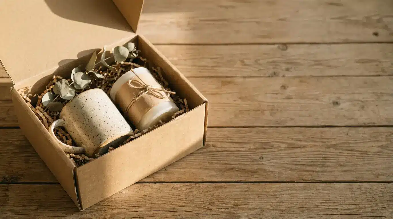 Ceramic mug and candle in open cardboard box on wooden table with natural light