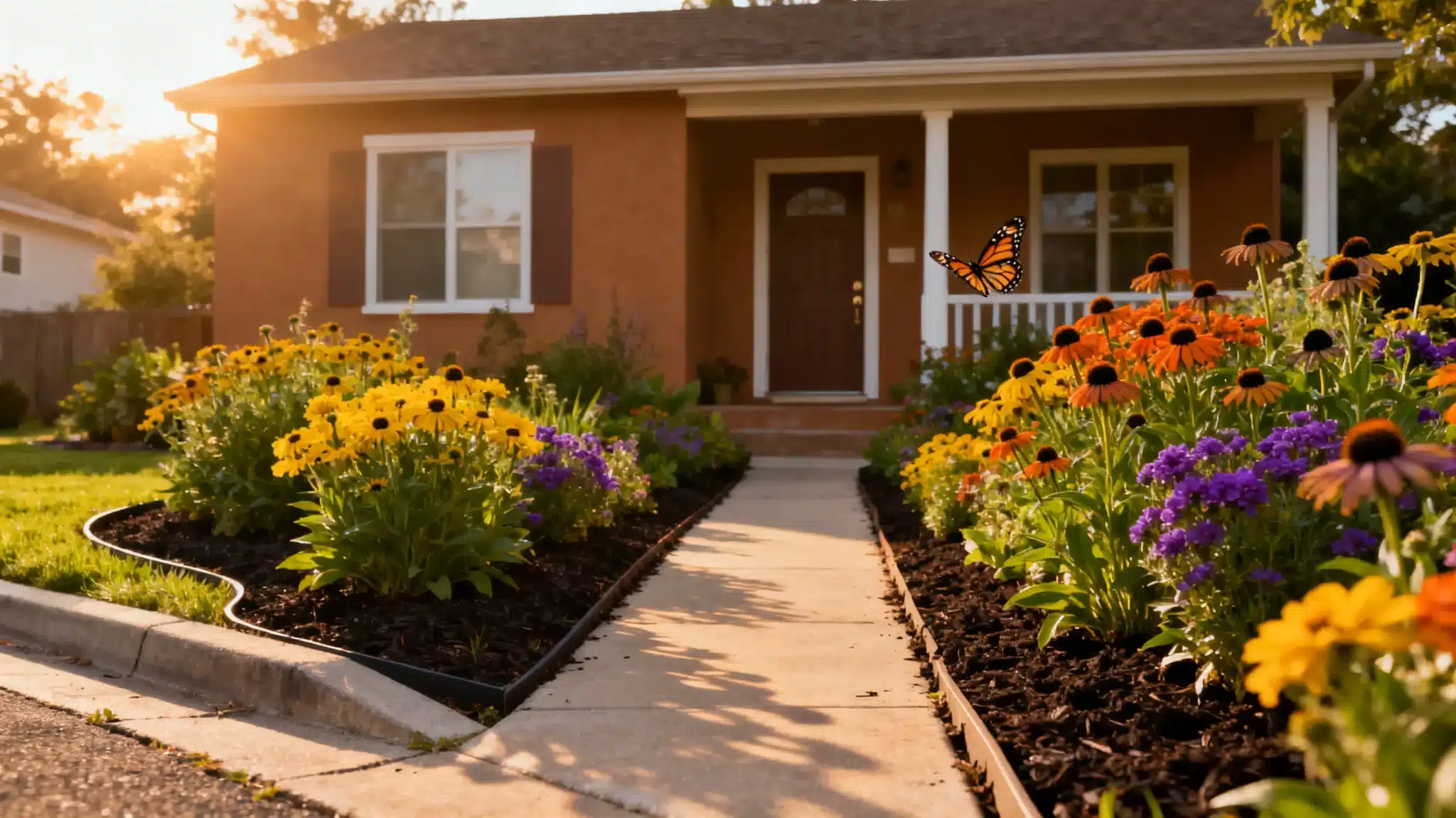 Colorful flowers and a butterfly in the front yard of a house during golden hour