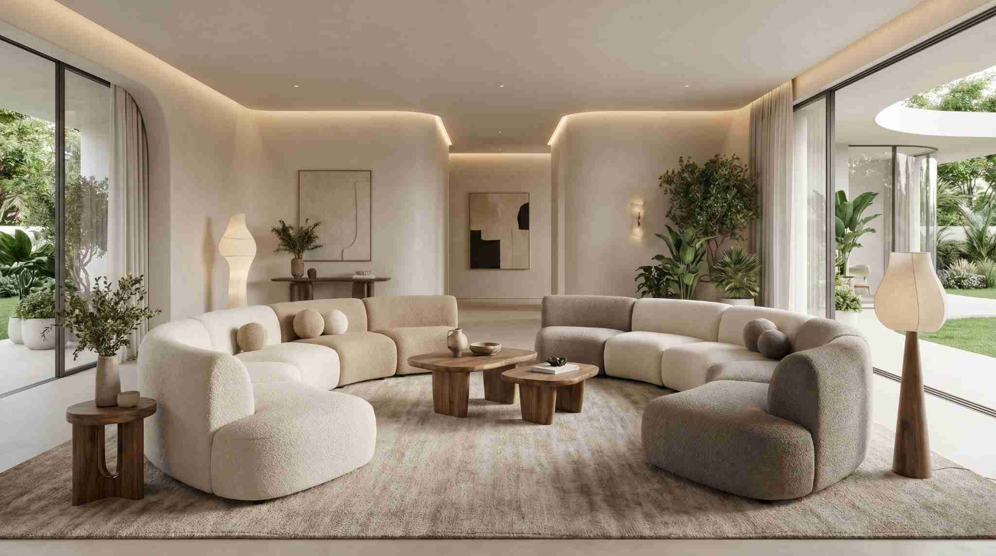 Curved sofa in modern luxury living room with soft organic seating layout.