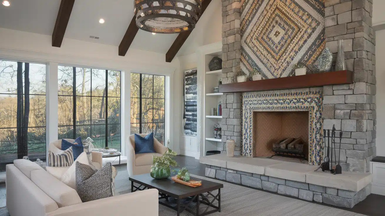 Living room featuring a light gray stone fireplace wall with an intricate geometric stone mosaic pattern above the mantel.