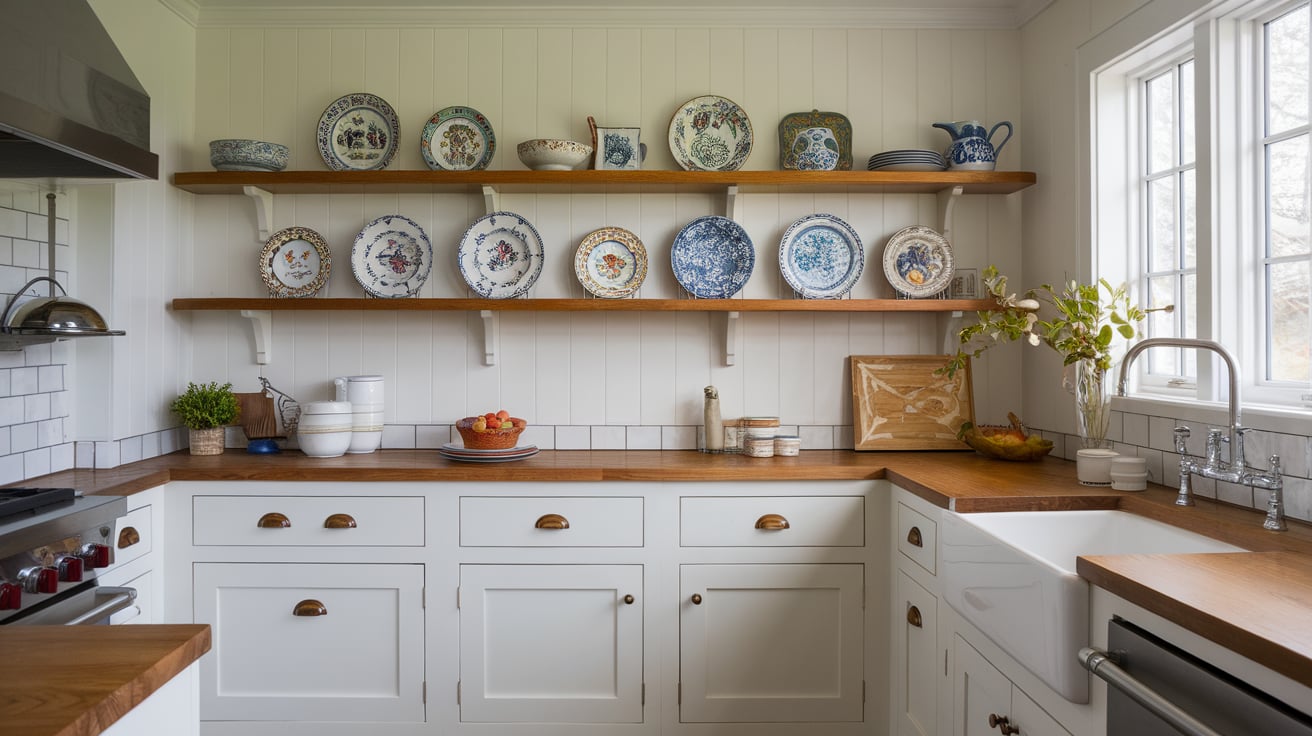 Craftsman kitchen with a custom wooden plate rack displaying colorful plates over white cabinets.