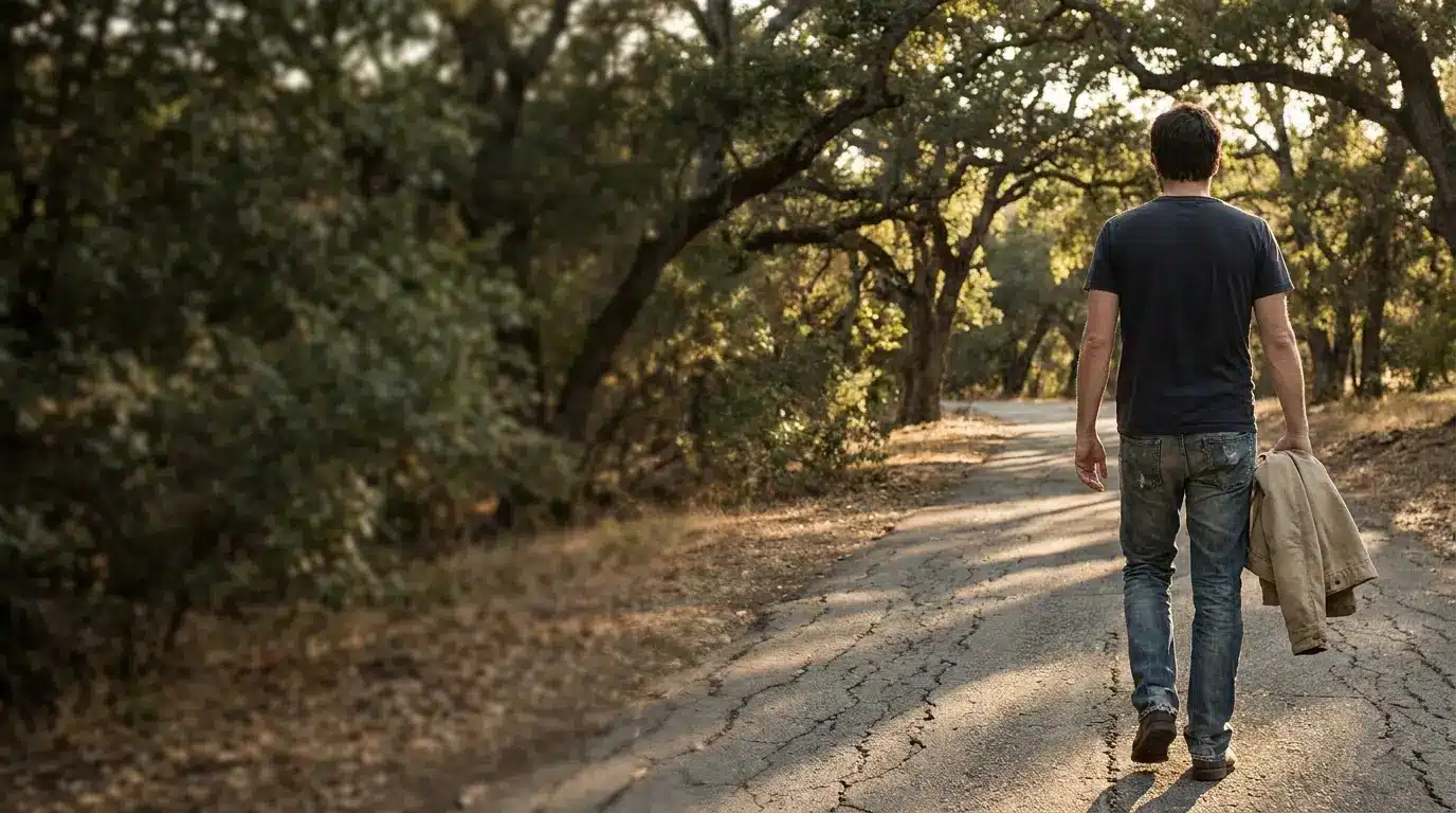 Man walking on a forest path holding a jacket under sunlight