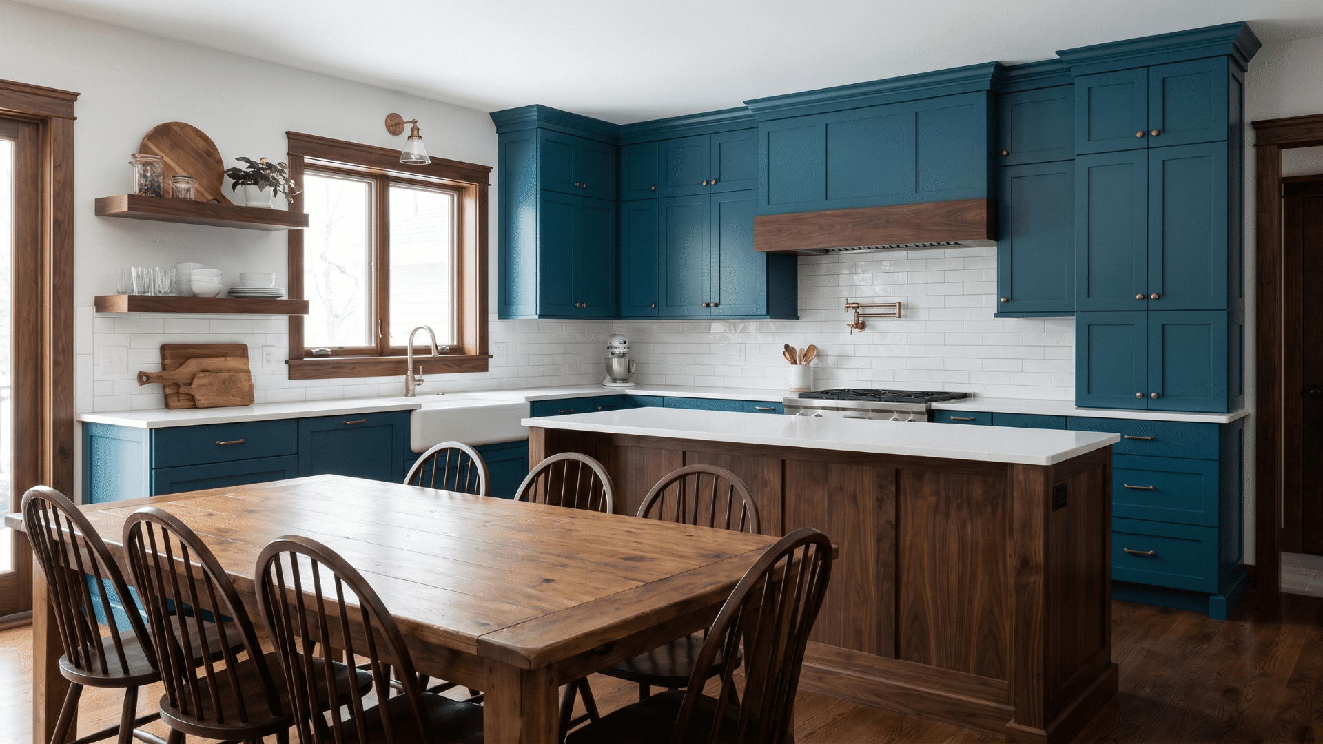 Dark and light blue kitchen cabinets with white countertops, a wooden island, pendant lighting, and seating, creating a modern coastal-inspired kitchen.