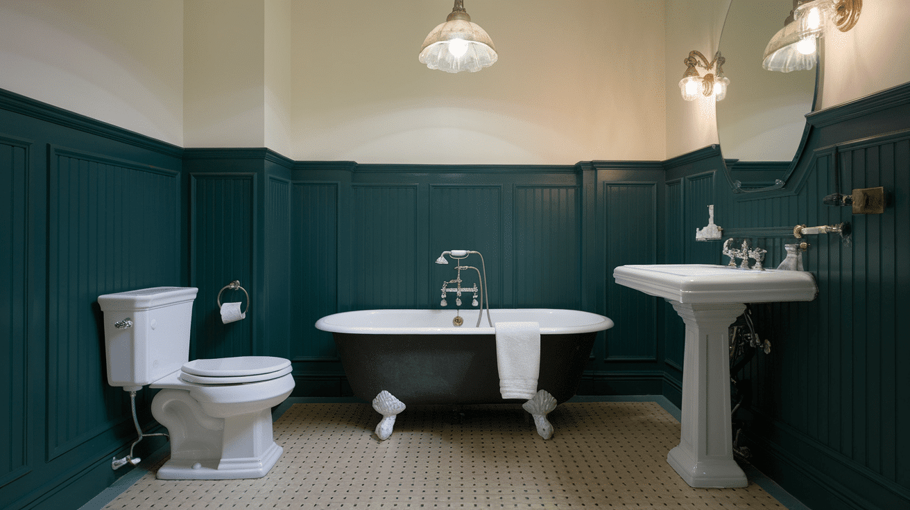A moody bathroom featuring dark teal beadboard wainscoting, a classic clawfoot bathtub, and a white porcelain pedestal sink.