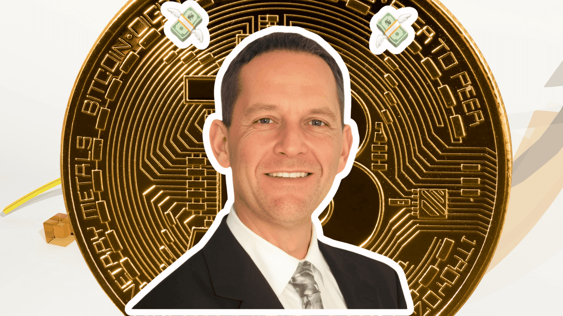 Portrait of tech investor David Friedberg smiling in front of a golden Bitcoin background.