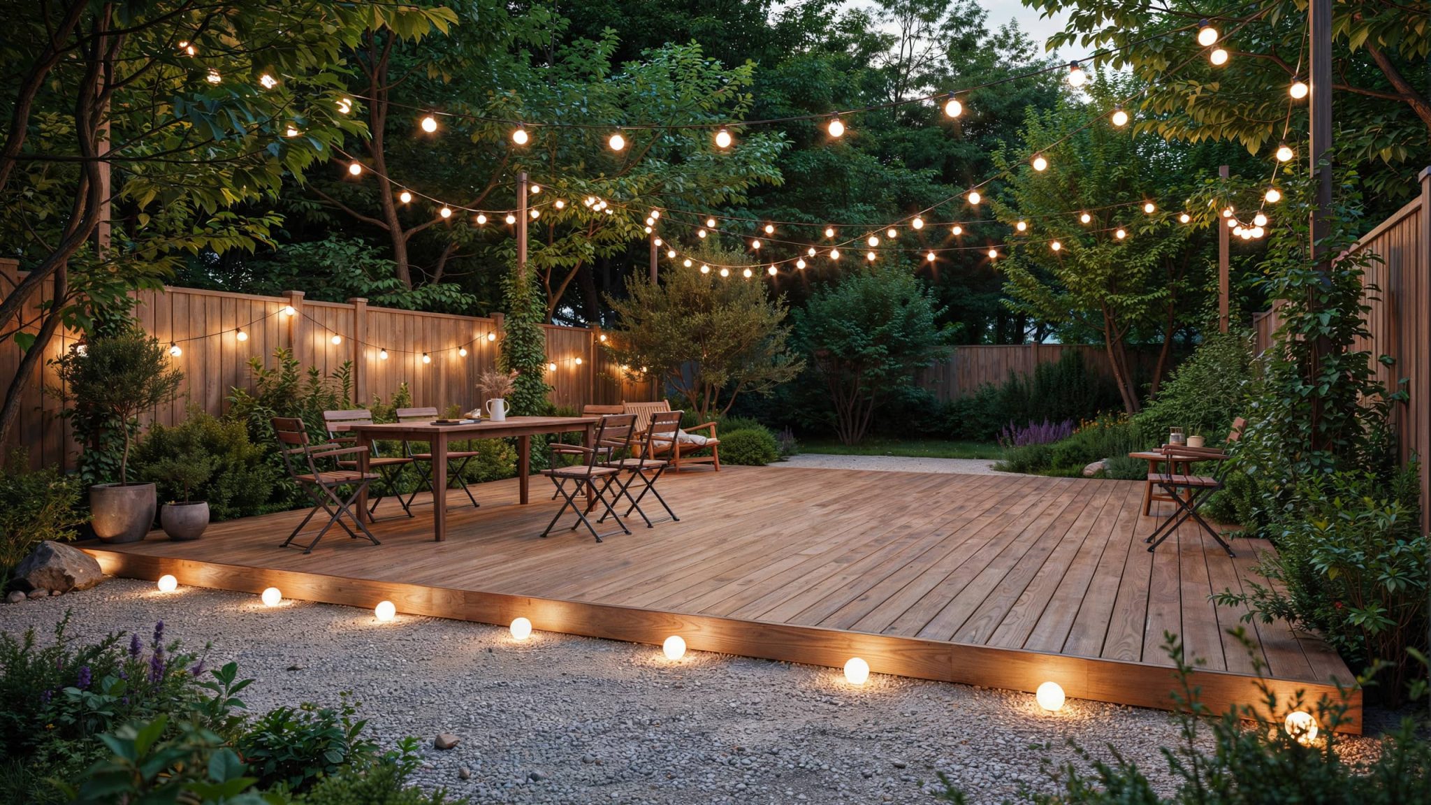 A wooden backyard deck at dusk, lit by warm globe lights along the edge and overhead string lights.