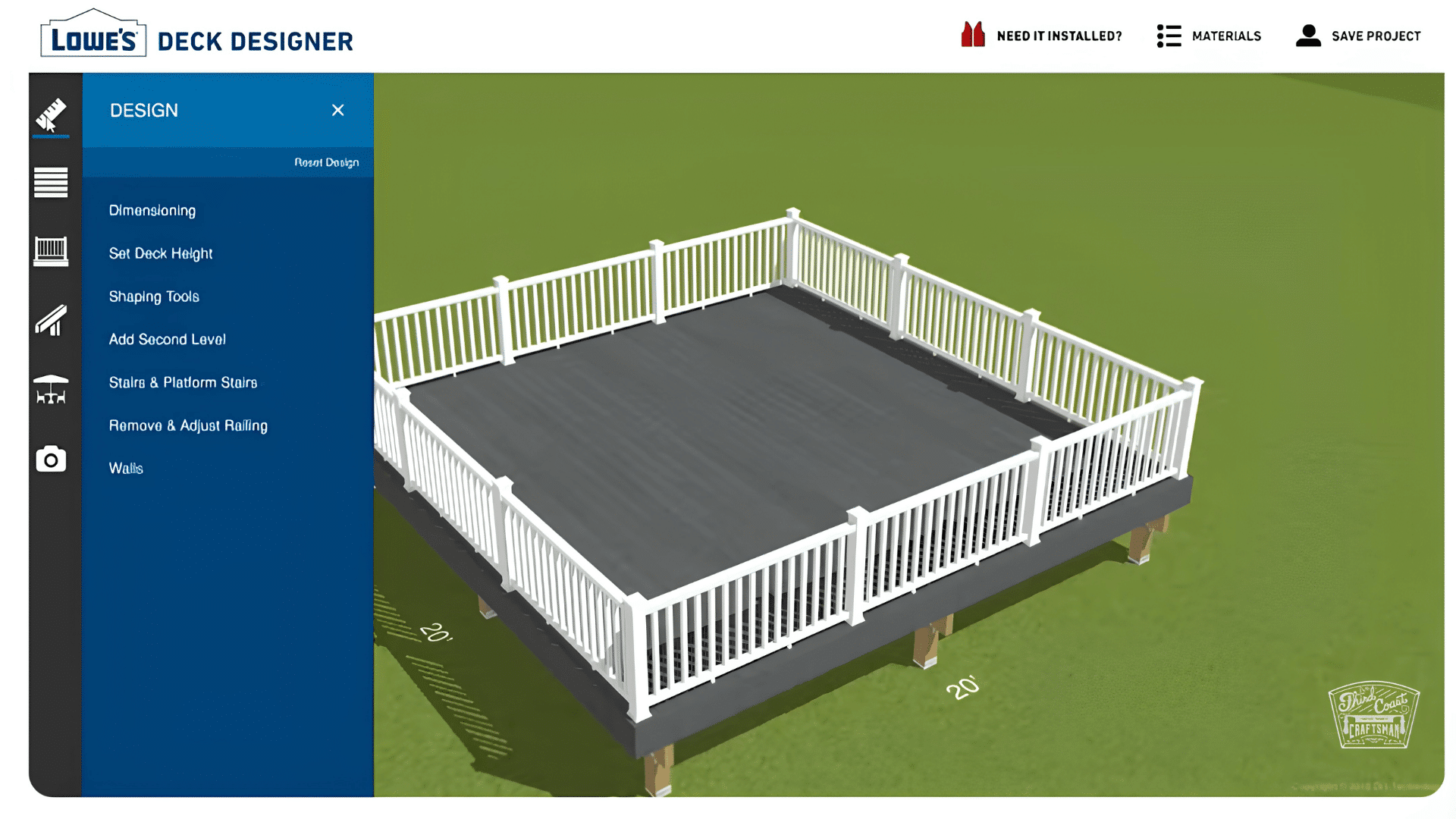 Deck with white railing in a rectangular layout shown in Lowe’s Deck Designer on a green background