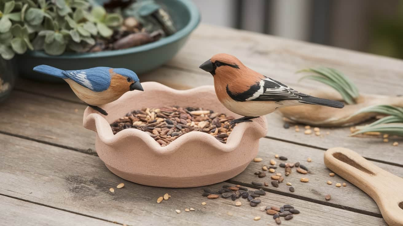 Two small realistic birds perched on the rim of a shallow, handmade clay bird feeder filled with seeds, placed outdoors.