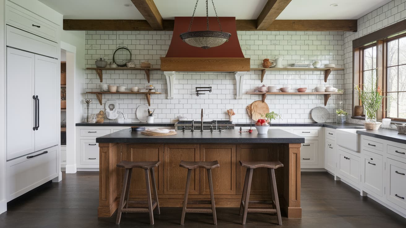 Craftsman kitchen with white cabinets, a wood island, a copper range hood, and open shelving with corbels.