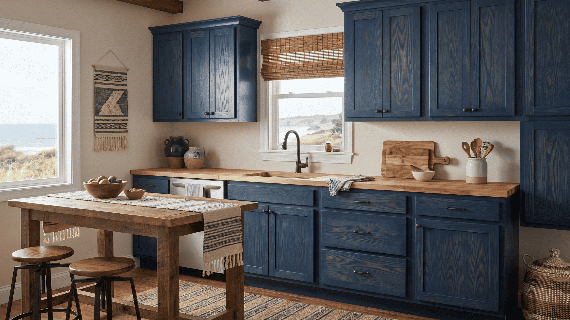 Deep blue stained wood kitchen cabinets with natural wood countertop and open shelving, featuring a farmhouse-style design with wood ceiling beams.
