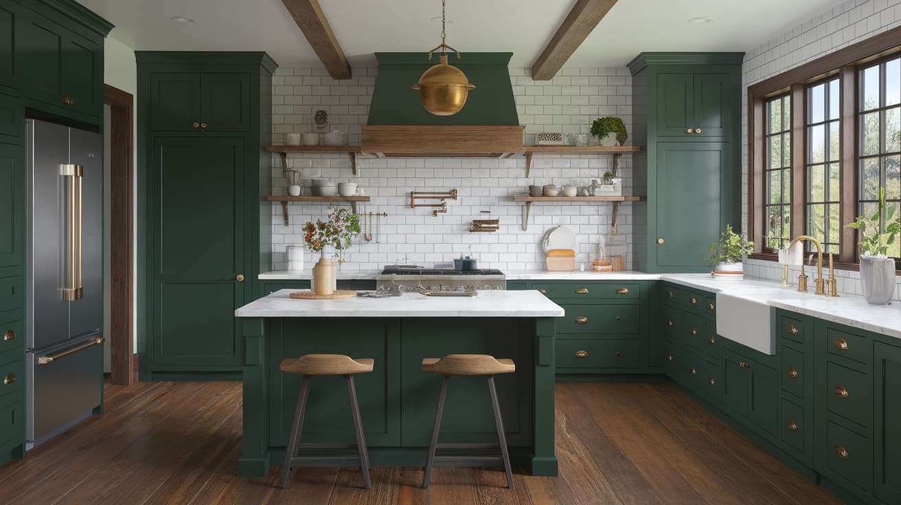 Craftsman kitchen with deep green cabinets, brass hardware, a central island, and white subway tile backsplash.