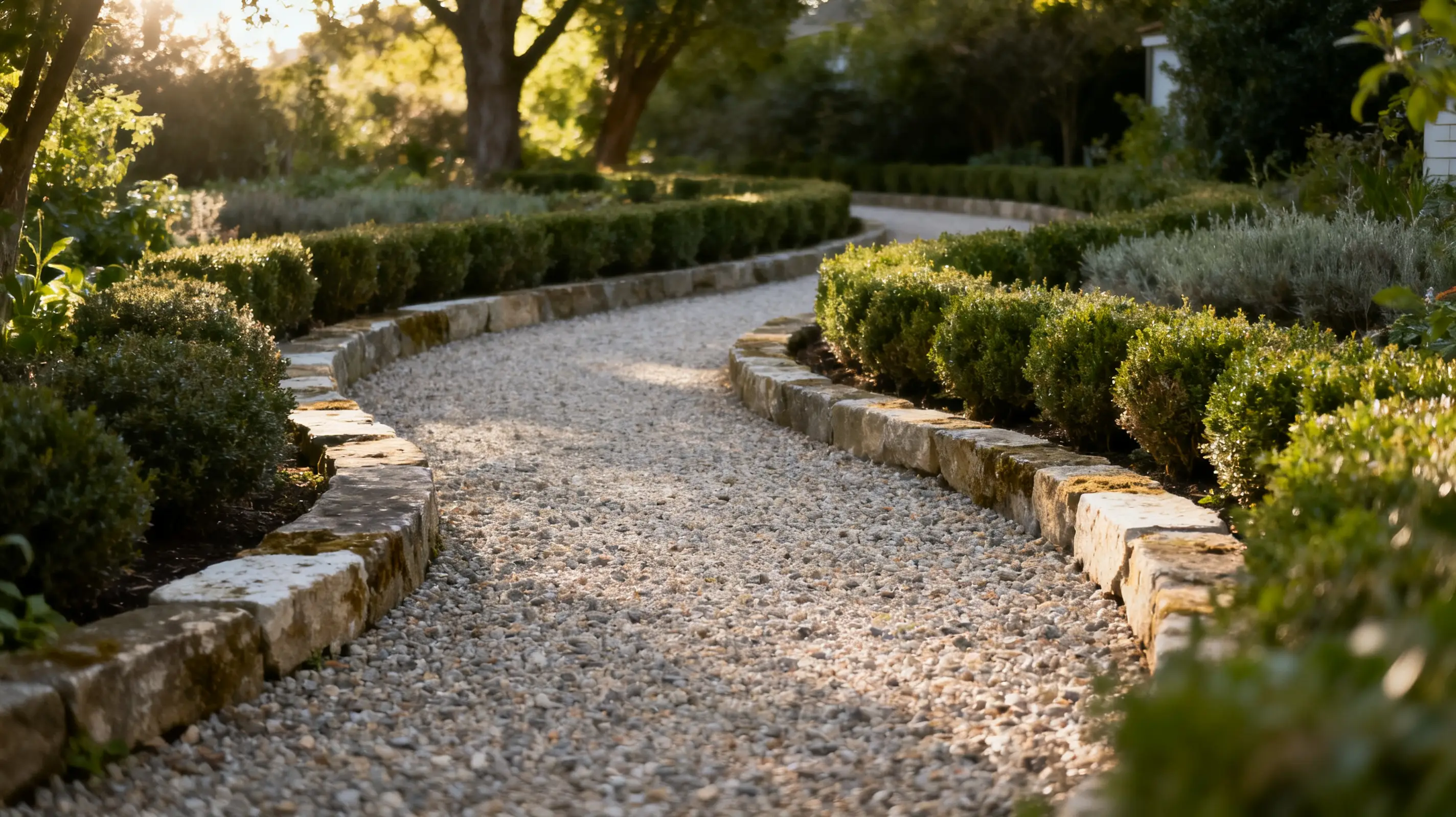 Gravel pathway with stone borders and lush bushes in serene garden setting
