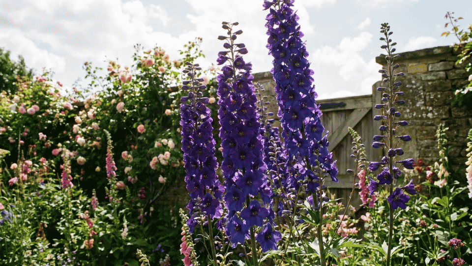 A tall, dramatic delphinium spike densely packed with deep indigo-purple florets and dark centers.