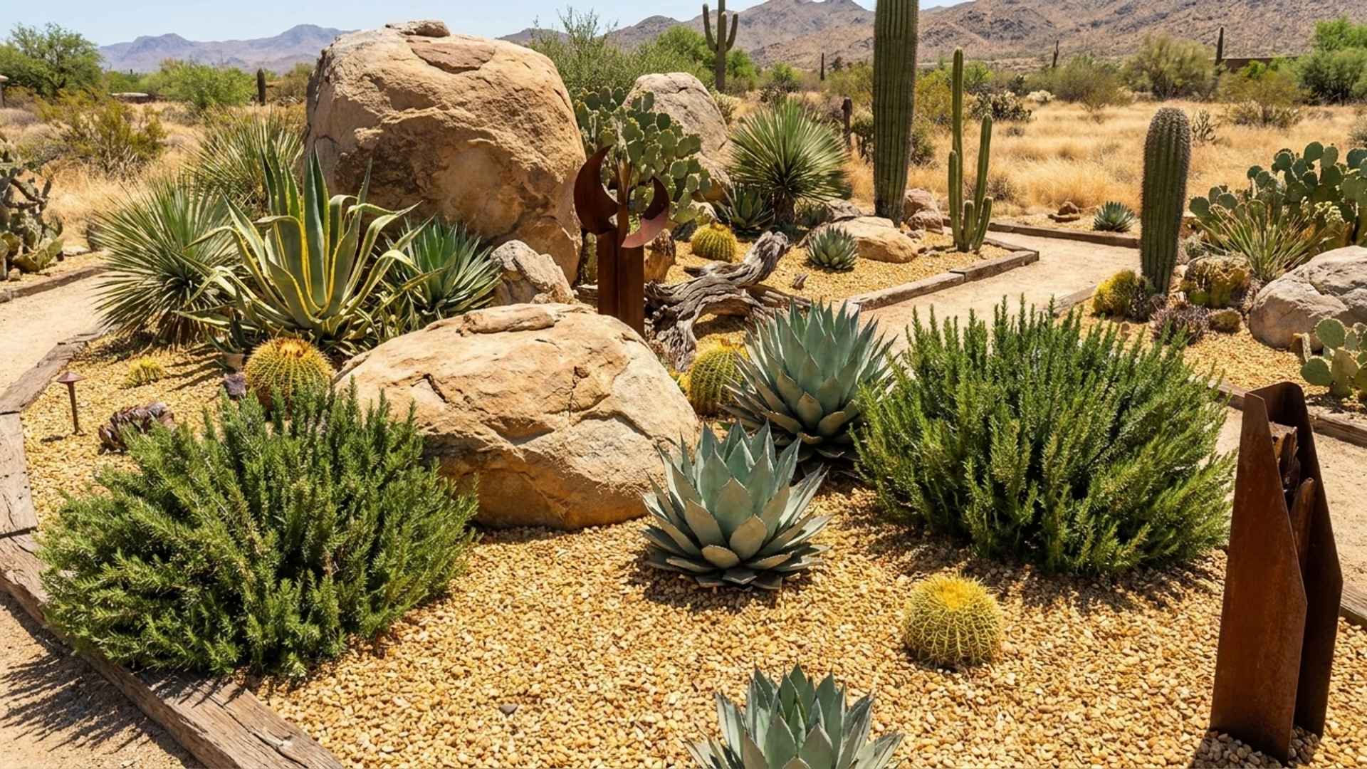 Desert-style xeriscape rock garden with cacti, succulents, gravel, and large boulders.