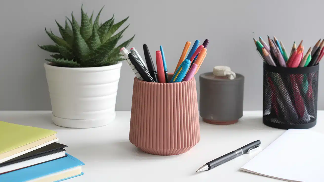 A pink ceramic pen holder with a textured surface holding pencils and markers on a desk next to a white potted plant and notebooks.