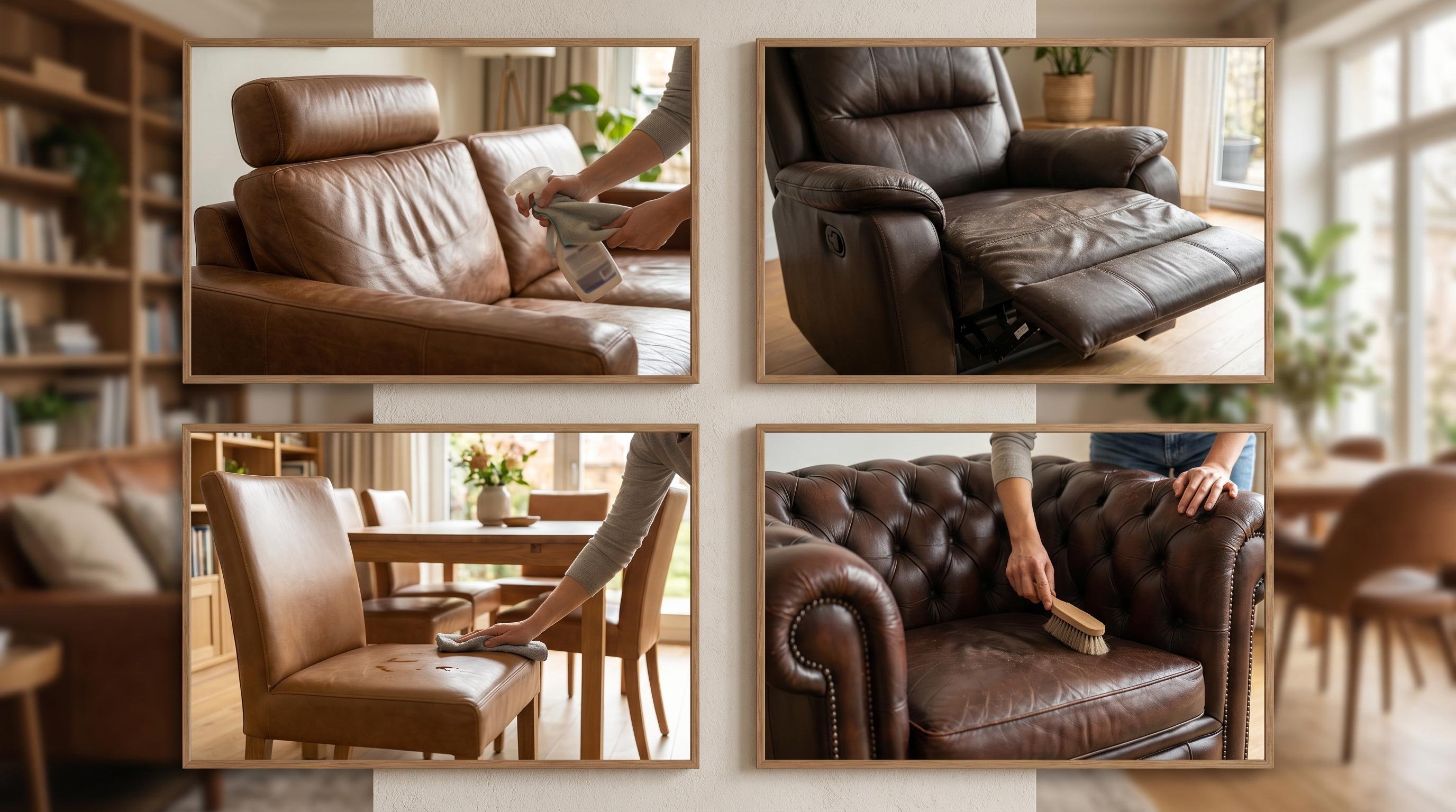 Collage showing different leather furniture pieces including a sofa, recliner, dining chairs, and tufted leather seating with focus on cleaning problem areas and realistic leather textures