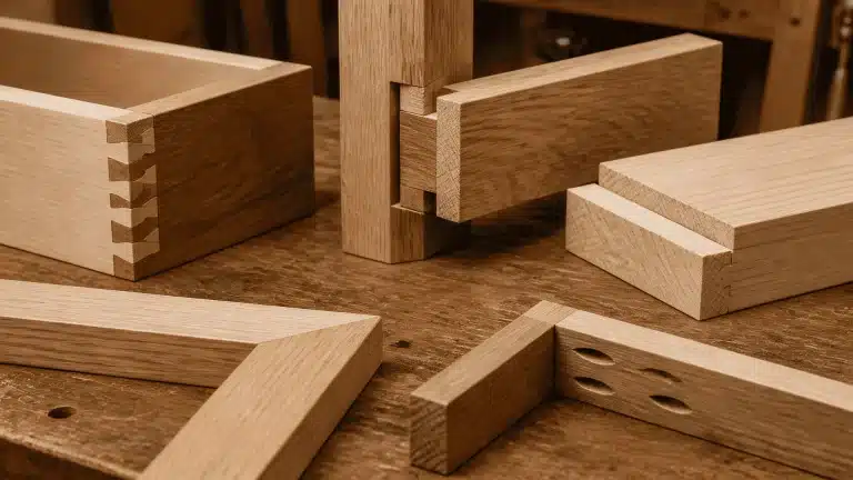 different-woodworking-joint-samples-arranged-on-a-wooden-workbench