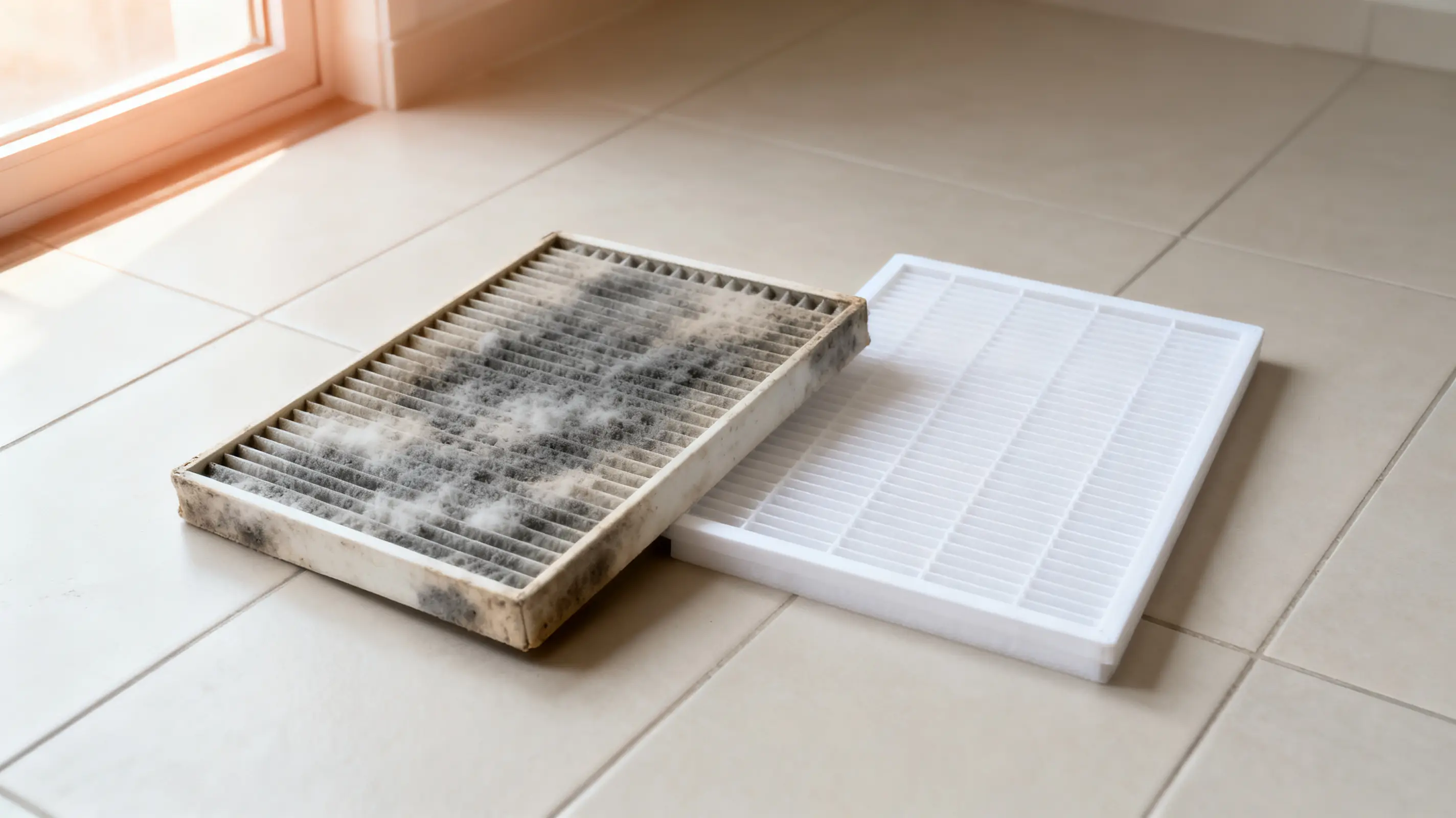 Dirty air filter next to clean filter on tiled floor in natural light