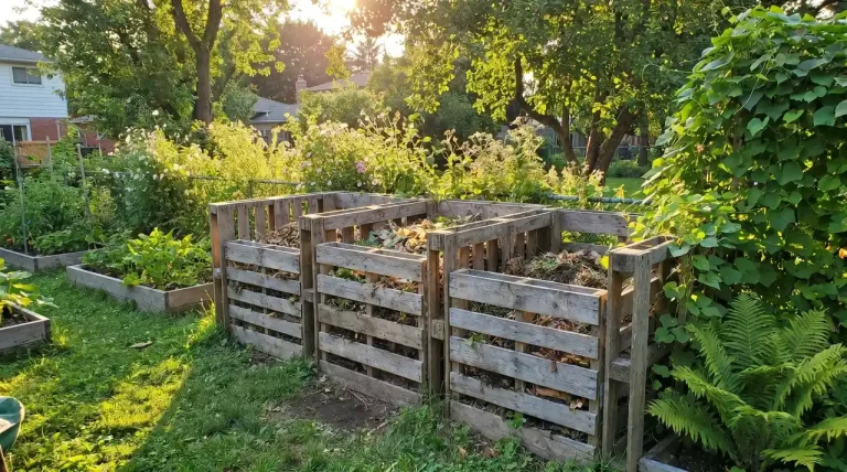 DIY compost bin made from wooden pallets in a backyard garden with green plants and natural light