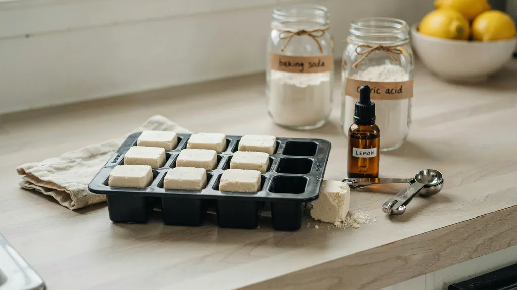 Homemade dishwasher tabs made in ice cube tray using baking soda and citric acid.