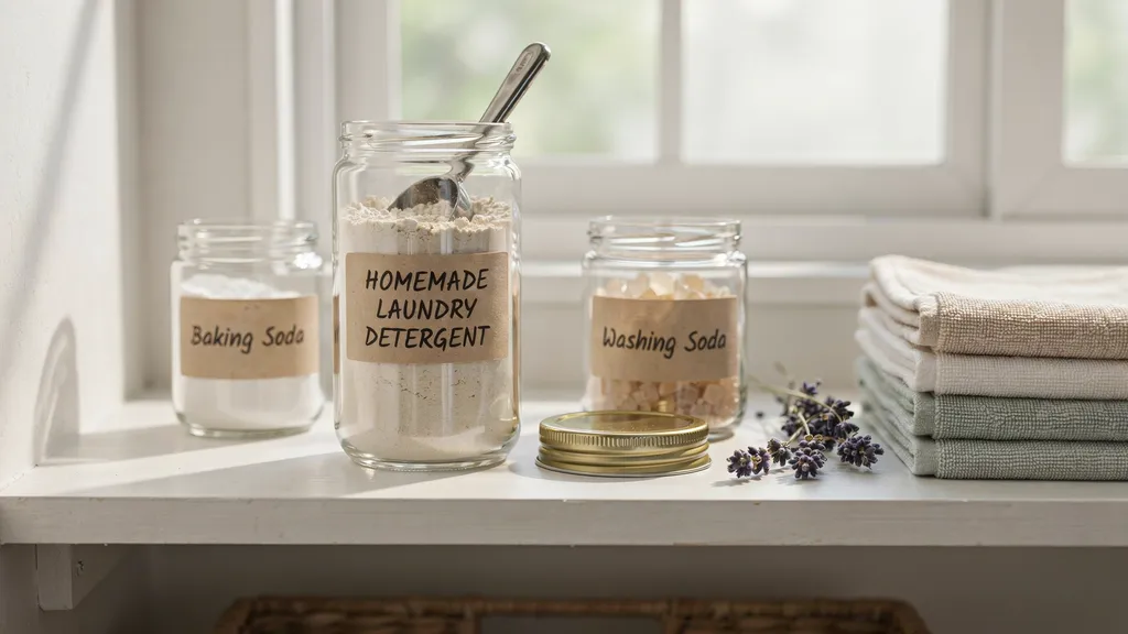Homemade laundry detergent powder made from baking soda and castile soap in glass jar.'