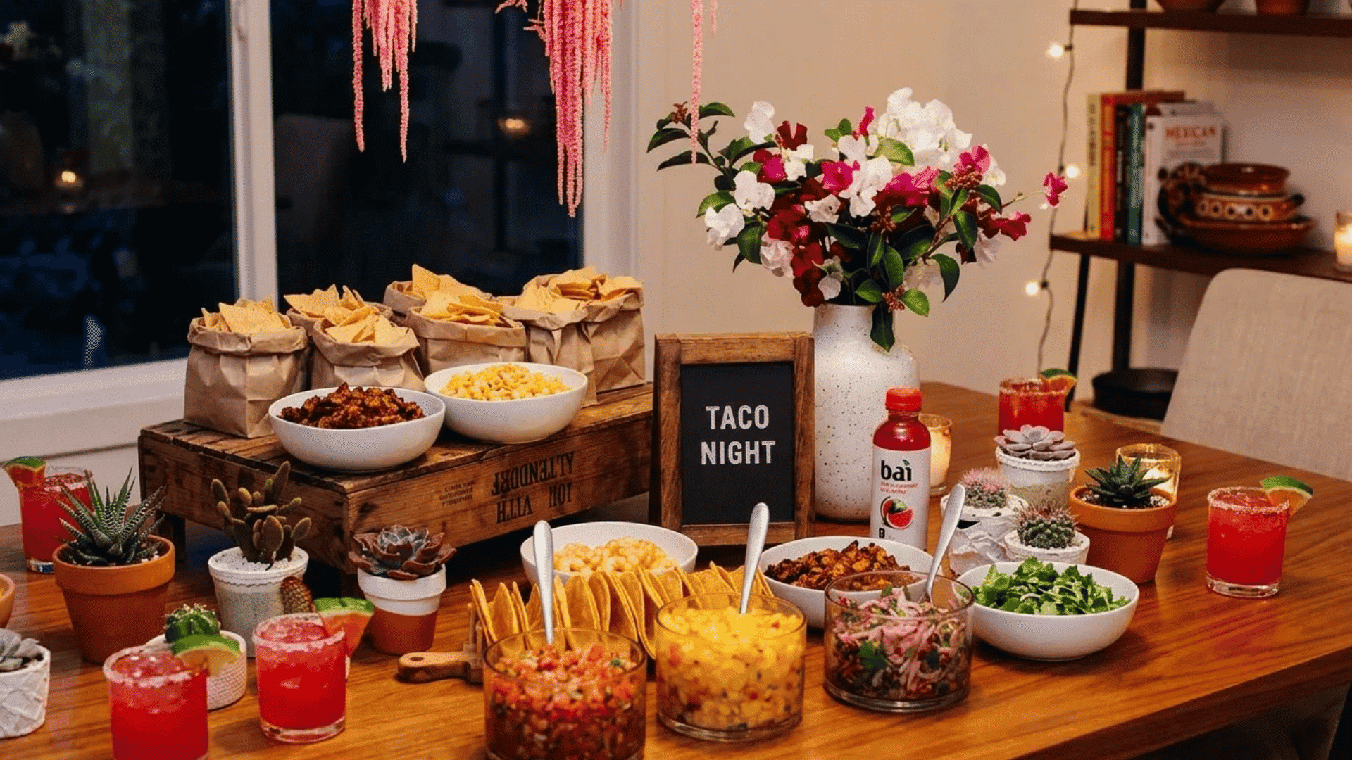 Colorful DIY taco bar setup with tacos, chips, fresh toppings, and drinks for a fun Friday family dinner.