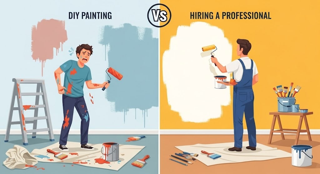 An illustration comparing DIY painting versus hiring a pro, showing a stressed DIYer next to a neat professional painter.