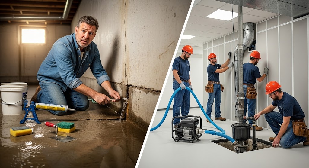 Side-by-side comparison of a man DIY sealing a wet basement floor and a professional crew installing a drainage system.