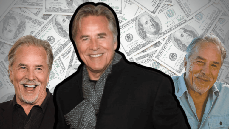 Collage of three photos of a smiling Don Johnson against a background of overlapping one hundred dollar bills.